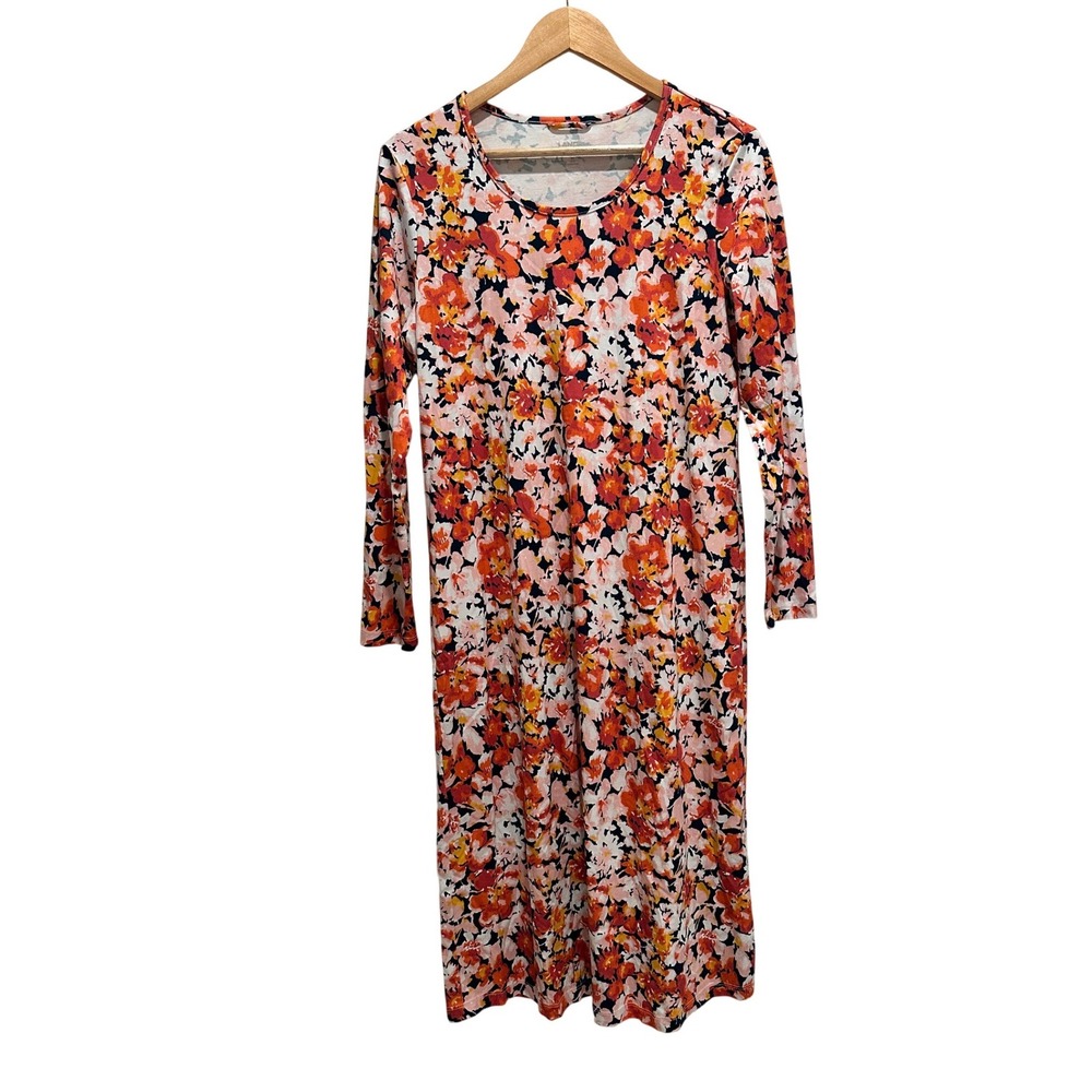 Lands' End Floral Cotton Midi Dress Medium Pink Orange Long Sleeve Casual Travel